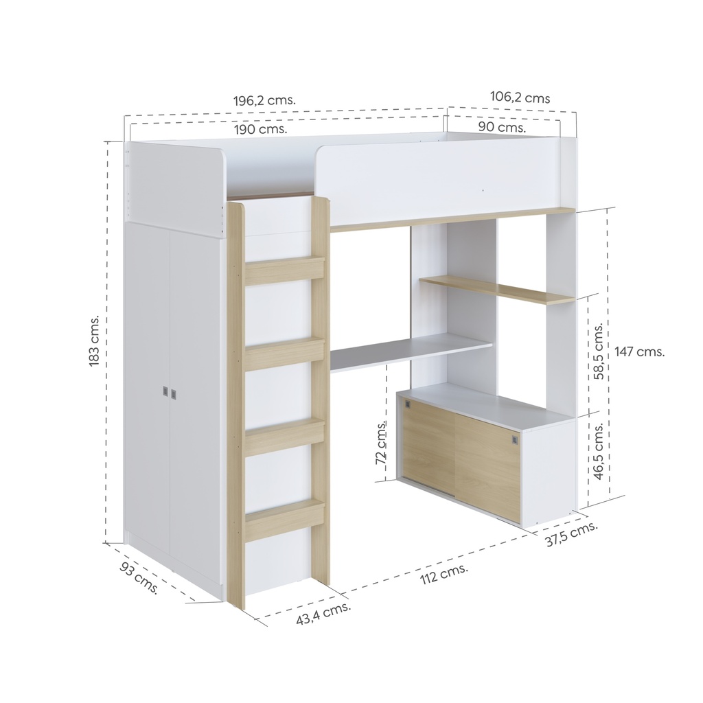 Cama Elevada Multifuncional 1 plaza 190x90cm